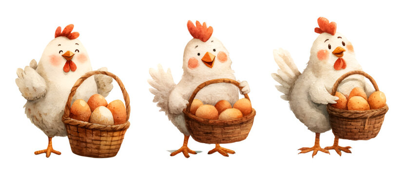 Three cheerful watercolor cartoon hens holding baskets of brown and white eggs on white background, playful farm illustration evoking fresh produce, easter and spring holidays