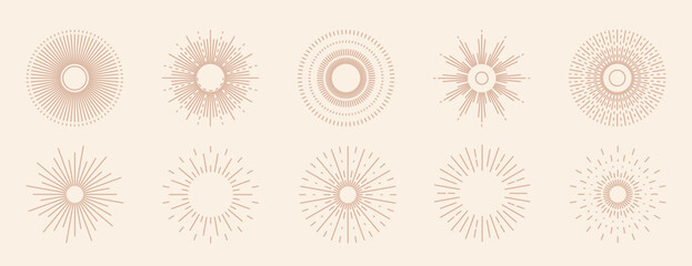 Collection of beige boho sunrise line icons with various retro, geometric, and radiating line designs © Anastasiia