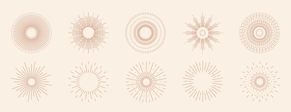 Collection of beige boho sunrise line icons with various retro, geometric, and radiating line designs