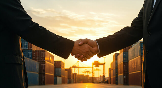 Business partners shake hands at a shipping yard during sunset with containers in the background