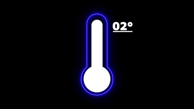 Neon Celsius thermometer displayed temperature 02 degree. Thermometer equipment showing hot or cold weather. 4K Video motion graphic animation.