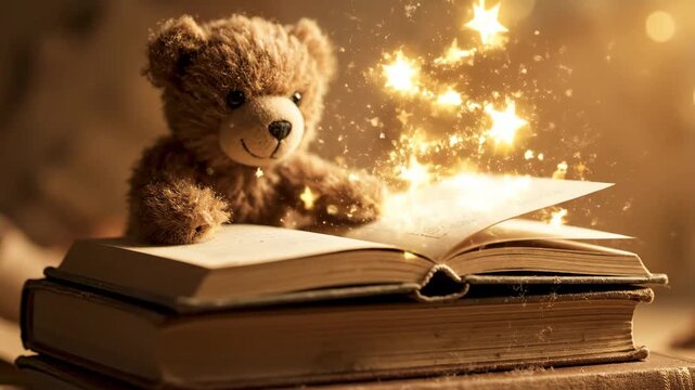 Cute Teddy Bear Reading an Open Book in Warm Cozy Light Childhood Education and Storytelling Concept