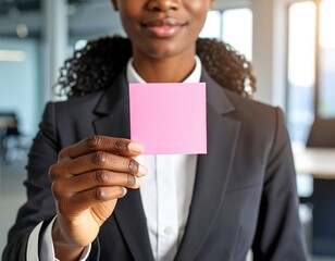Woman in suit holds pink sticky note with office background