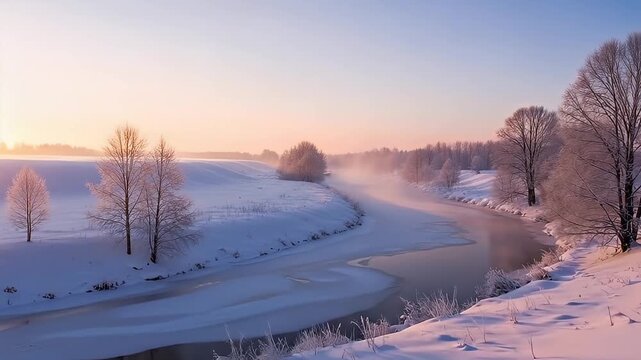 Serene Winter Morning Landscape with Foggy River and Frost-Kissed Trees at Sunrise.