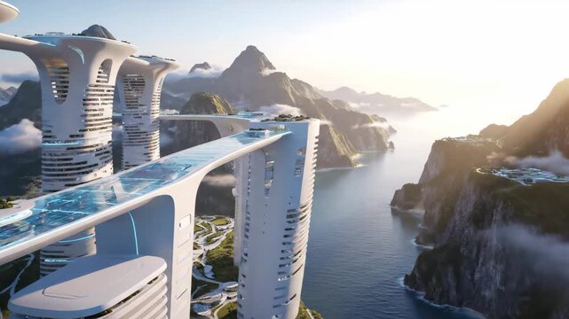 Futuristic Cliffside Megacity with Sky Bridges Over Ocean at Sunrise, Breathtaking Cinematic Video