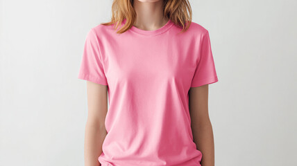 pink t-shirt mockup on model, white background