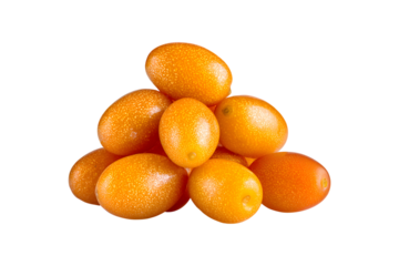 Pile of ripe kumquat citrus fruits, isolated on transparent background
