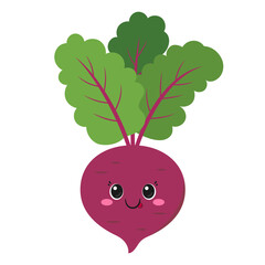Cute beet, fun vegetable cartoon character, big eyes, emotions joy delight, happy smiling face, kawaii style, vector children's illustration.