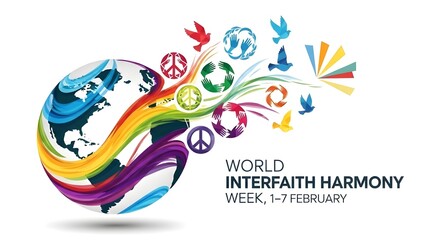 Naklejka premium Vibrant globe with rainbow peace symbols for World Interfaith Harmony
