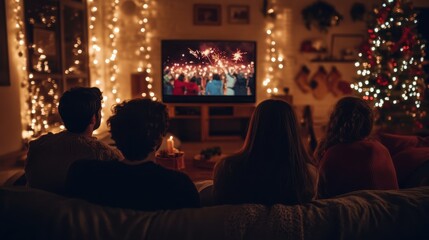 A family watches fireworks on television during the holidays.