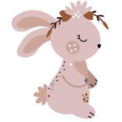 Watercolor illustration of a cute boho bunny sitting sideways with floral wreath, isolated on white background. Adorable nursery animal character