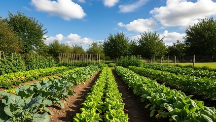 Lush vegetable garden with rows of green plants and trees
