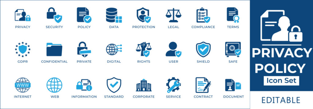 Privacy policy and data protection icon set featuring security, GDPR compliance, legal terms, confidential information, digital rights, and private user agreement symbols.