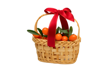 Wicker basket of tangerines with red ribbon bow for Lunar New Year gift, isolated on transparent background