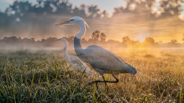 Elegant white heron struts through a misty, golden meadow at dawn