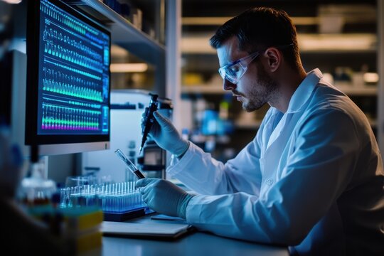 A scientist analyzes data on a screen while holding a test tube in a laboratory setting.
