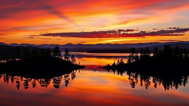 Stunning Sunset Over Serene Lake with Silhouetted Islands and Vibrant Sky.