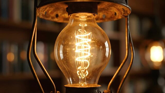 Close-up of a decorative Edison bulb in a vintage lantern, illuminating a warm glow with a bookshelf background.
