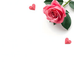 Beautiful pink rose with red paper cut hearts on white background