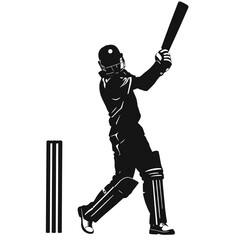 Obraz premium Cricket batsman silhouette playing an aggressive batting shot near stumps isolated on white background representing sport action power and competition.