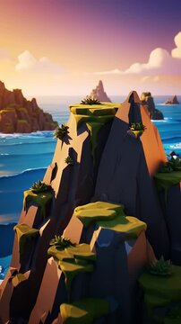 Stylized Tropical Island Landscape with Ocean Waves and Sunset Sky.