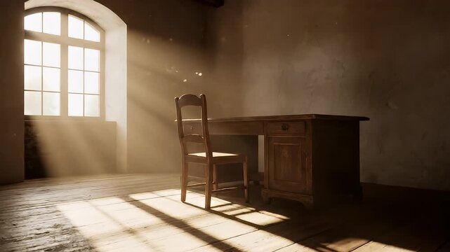 Sunlit Empty Room with Vintage Furniture and Dust Motes.