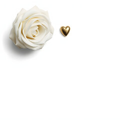 Elegant white rose with small golden metallic heart on white background