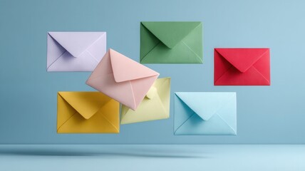 Assorted pastel colored envelopes floating against a light blue backdrop, symbolizing news and correspondence delivery