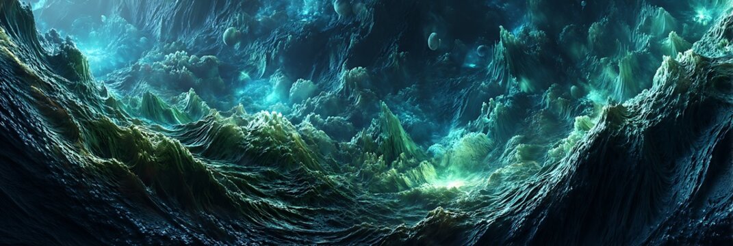 Vivid alien terrain with glowing biotic patterns and dark blue shadows