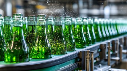 Bottling line for carbonated drinks with green glass bottles