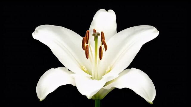 Time-lapse video of a white lily flower blooming against a black background.