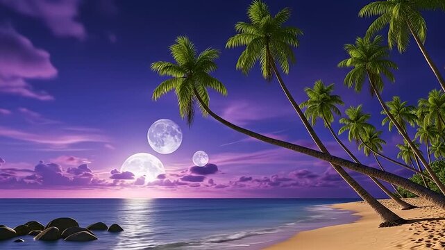 Tropical Beach Paradise with Multiple Moons and Palm Trees at Sunset.