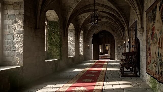Sunlit Medieval Castle Hallway with Red Carpet and Stone Walls.