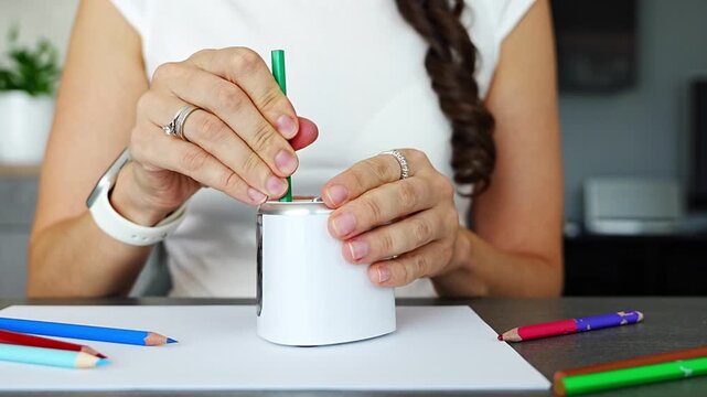 Close up of woman hands sharpening colored pencils with electric sharpener on desk in home office. Creative work process, preparation for drawing and everyday routine in real life workspace