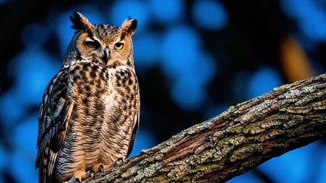 A wise owl perched on a tree branch in a serene natural setting video