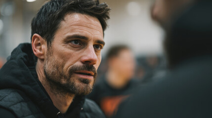 Obraz premium Close-up portrait of a thoughtful man with stubble, looking off to the side with intensity
