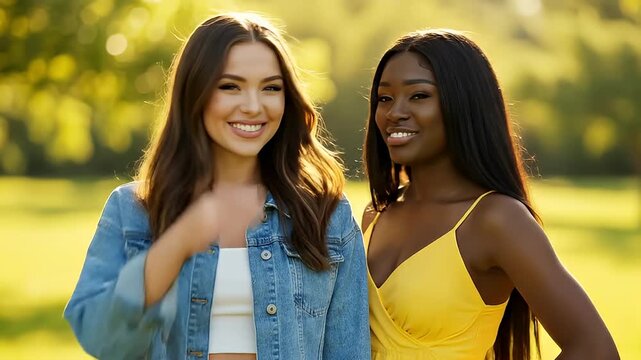 Two diverse young women smiling and posing in a park at sunset, enjoying their friendship and the golden hour light.