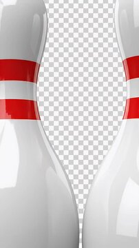 Two white bowling pins with red stripes, isolated on a transparent background, ready for a strike.