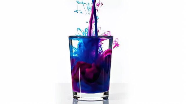 Vibrant Blue and Pink Ink Mixing in Clear Glass of Water on White Background.