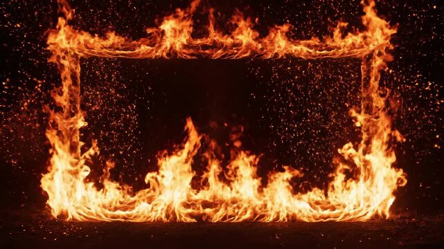 Fiery rectangular frame, bright orange flames dancing against the stark darkness, embers floating upwards