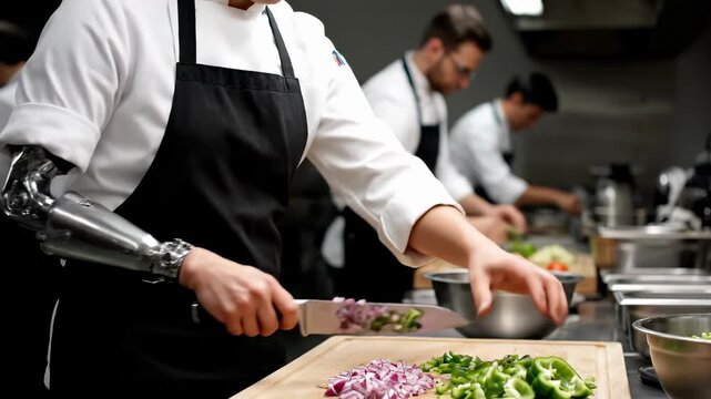Professional chef prepares ingredients in modern kitchen. Skilled cook uses prosthetic arm for chopping vegetables. Team work enhances culinary creativity and efficiency.