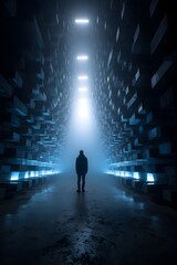 Einsame Person in futuristischem Datentunnel mit Lichtperspektive
