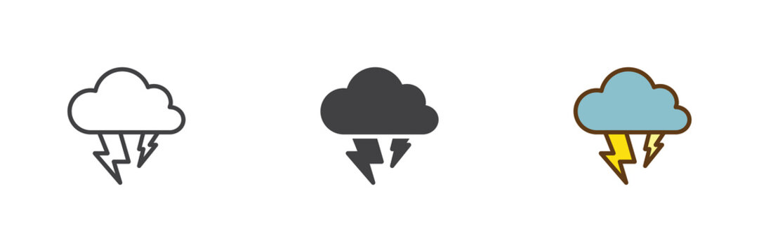 Heavy thunderstorm icon set in line, solid and filled outline colorful style. Rain cloud lightning icon, color vector sign and symbol. Weather icon pack.