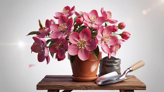 Vibrant Pink Blossoms in a Terracotta Pot with Gardening Tools on a Wooden Bench.