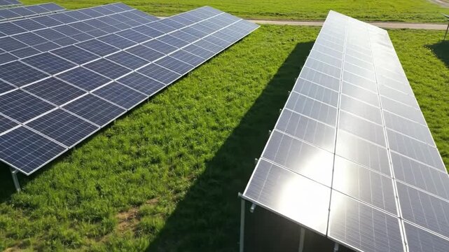 Aerial view of solar panel array on green field, clean energy concept.