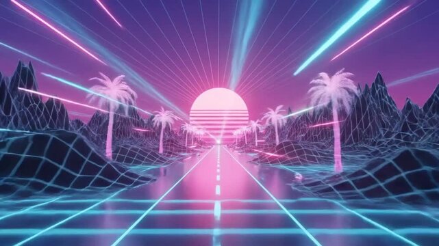 Retro futuristic landscape with palm trees and neon lights, creating a vibrant and nostalgic atmosphere.