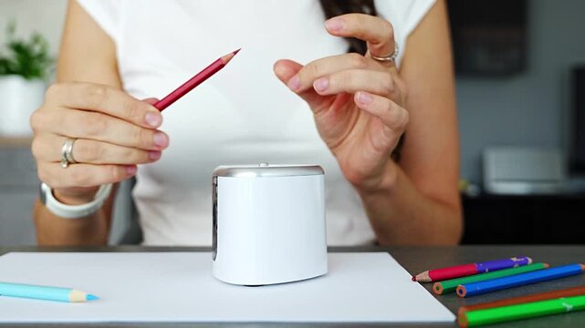 Close up of woman hands sharpening colored pencils with electric sharpener on desk in home office. Creative work process, preparation for drawing and everyday routine in real life workspace