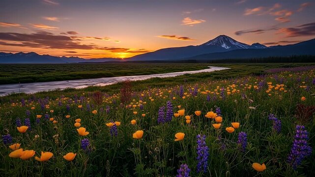 Vibrant Sunset Over a Wildflower Meadow with a Winding River and Majestic Mountains.