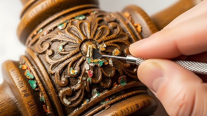 Expert Restoration of Antique Wooden Carousel Horse Detail Close-up shot