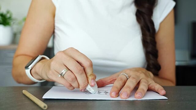 Close up of woman hands erasing pencil doodles with eraser on paper in home office. Editing process, revision habit and mental reset during everyday work routine in real life workspace